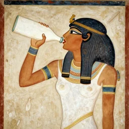 epic ancient egypt fresco of girl drinking from white bottle