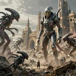 concept art prometheus ancient city destroyed by xenomorphs, cinematic highly detailed