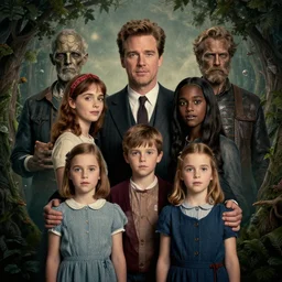 family, colin farrell with emilia clarke with kids, wayne barlowe, symmetrical, surreal, magic surrealism, very coherent symmetrical artwork, cinematic, hyper realism, high detail, octane render, 8 k