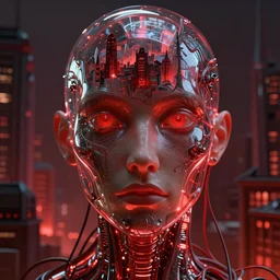 Portrait Masterpiece, reflective glass!!!! skin, h.r. giger city, red, glowing, wires everywhere, by Edgar Maxence and Ross Tran, Zdzisław Beksiński, and Michael Whelan, distant, gustav dore, H.R. Giger, 8k, octane render
