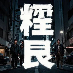 movie poster, japanese lettering, minimalist, striking visuals, street gang in city, cereal dramatic lighting, epic composition