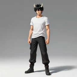 full body shoot of a manga half demon character by Tomohiro Shimoguchi, small two horns in the head,worn pants,T-shirt,highly detailed, trending on artstation,manga