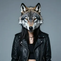 photographic portrait of a punk girl in a leather jacket wearing a wolf's head over her face, fashion shoot, cool girl with wolf on her head
