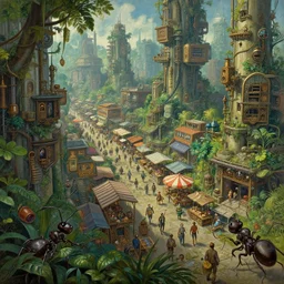 steampunk cyberpunk market metropolis, lush foliage, ants eye view, hyper real painting by chiara bautista karl kopinski kim jung giu and weta studio, and lucasfilm and jesper ejsing and norman rockwell greg rutkowski frank frazzeta