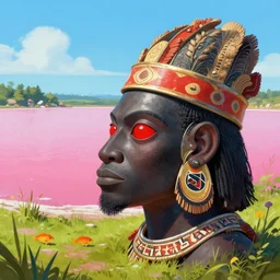 wide - angle profile face portrait of a tin toy shaka zulu with glowing red eyes near the pink lakes, nicoletta ceccoli, mark ryden, lostfish, max fleischer, hyper realistic, artstation, illustration, digital paint, matte paint, vivid colors, bright, cheerful, detailed and intricate environment