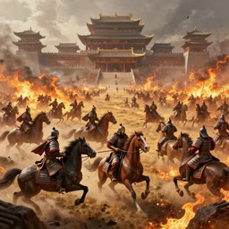 an imposing chinese - style scene with many soldiers in armor riding war horses fighting on the battlefield ， the plains burning with the fire of war ， full of details, matte painting, concept art, smooth, by huang guangjian and fenghua zhong ， trending on cgsociety and blender ， unreal engine ， 8 khdr ， light effect ， rtx on ， - h 6 4 0