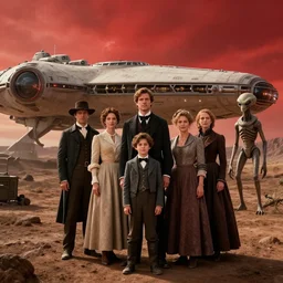 sharp, still from a sci fi blockbuster color movie made in 2022, set in 1860, of a family standing in front of a spaceship that has just landed on an alien planet with a red tinted sky, a humanoid alien creature stands nearby, the family are all wearing 1850s era clothes, 4k, in focus, extremely good quality lighting, good quality photography, A list cast, famous actors, famous actresses, oscar winner