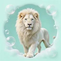 aesthetic portrait commission of a albino male furry anthro lion entering a heavenly coherently shaped void made out of bubbles while wearing a cute mint colored cozy soft pastel wizard outfit, winter Atmosphere. Character design by charlie bowater, ross tran, artgerm, and makoto shinkai, detailed, inked, western comic book art, 2021 award winning painting