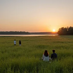 a beautiful grassy meadow at sunset, birds, lake, by greg rutkowski, chris tulloch mccabe, valentina remenar and asher duran, digital art, concept art, trending on artstation