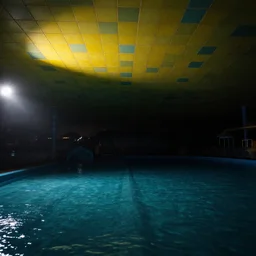 2 0 0 0 s waterpark yellow and teal tiled ceiling empty liminal dark with camera flash