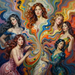 fantastic extraordinary beautiful women into fluid infinity variations of colours mass, mid shot, norman rockwell, viktor safonkin, jeff dekal, larry elmore, intricate details, hyperrealistic oil painting on canvas, deep depth field, hd, hdr, 4 k, 8 k