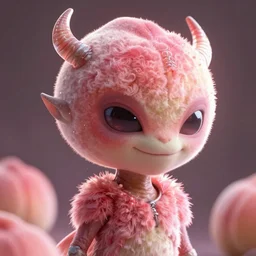 an alien with a face that looks like a fuzzy peach the peach is fuzzy pink warm and ripe the alien has horns and a mean smile, 4k, highly detailed, high quality, amazing, high particle effects, glowing, majestic, soft lighting