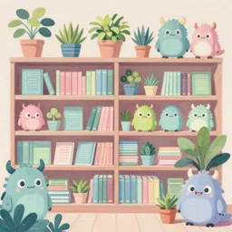 bookstore filled with plants and cute monsters detailed pastel painting in the style of george barbier