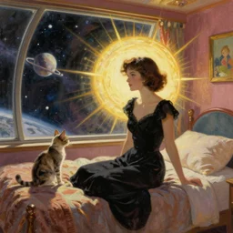 retro futurism painting of a woman in a black dress and a cat on a bed in a bedroom with a panoramic window looking out into space