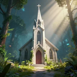 vaporwave chapel, liminal space, high detail, rendered in unreal engine, 3d render, god rays, volumetric lighting, vegetation