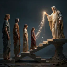 all the steps of the evolution of man, shown over a line, under supervision of the lord, the lord looks, the lord connects using a wire made of light. symbolic picture, raytracing, dreamy, sharp focus, cinematic lighting, highly detailed, artstation, divine, by gauthier leblanc, kazuya takahashi, huifeng huang, michael angelo
