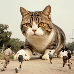 old photo of a giant cat chasing people