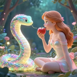 a luminous fairytale of adam and eve eating the apple in paradise while the iridescent serpent watches them. neon light, masterpiece 4 k digital illustration by ruan jia and mandy jurgens and artgerm and william - adolphe bouguereau, award winning, artstation, gustave dore'background, intricate details, realistic, volumetric lighting, hyper detailed, 8 k resolution, intricate art nouveau
