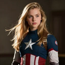 A teenage high school girl cheerleader, long blond hair, as Captain America, film still from 'The First Avenger'