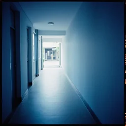 kodak portra 8 0 0, flickr photograph view of a calm hallway street street with blue roses in downtown neo - venezia in a dreamy afternoon, a corner shop can be seen
