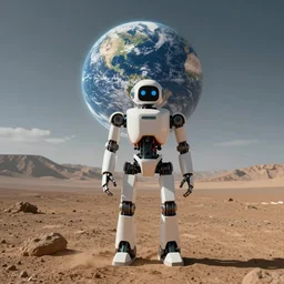 Robot on martian landscape with earth in the sky