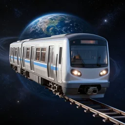3 d render subway train floating in cosmos, r 6 2 a train, earth orbit in the background, hyperrealism, ultra detailed, front car view, unreal engine 5, octane render, 8 k wallpaper