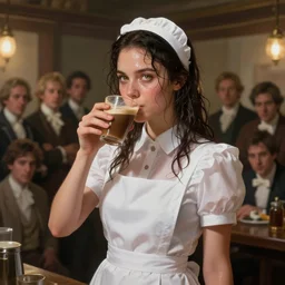 an cute waitress in a white dress and short sleeves drinking coffee, wet flowing hair, sweaty skin, glowing eyes, made by greg rutkowski, jmw turner, marc simonetti, ivan aivazovsky, bowater, charlie, ross tran, artgerm, peter mohrbacher, broad light, ambient occlusion, volumetric light effect, matte painting, trending on artstation, 4 k, perfectly defined features, digital painting, cinematic, epic, highly detailed,