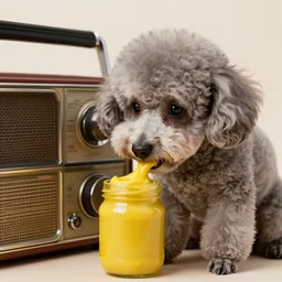 a closeup photorealistic photograph of a poodle sitting next to an old radio while eating from a jar of mustard. This 4K HD image is Trending on Artstation, featured on Behance, well-rendered, extra crisp, features intricate detail and the style of Unreal Engine.