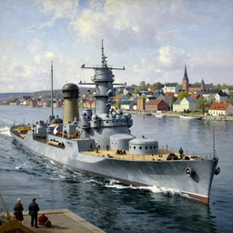 detailed cinematic wide shot of swedish world war 2 battle ship attacking coastal city, ultra realistic, spring light, painting by gaston bussiere, craig mullins, j. c. leyendecker