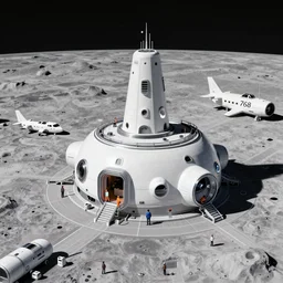 Concept art of a lunar base, with people working around it and ships W 768