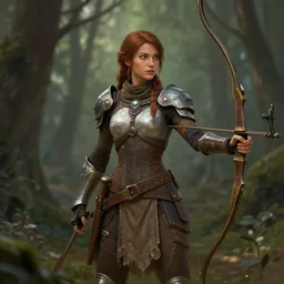 Female forest archer, retro-futuristic armor, DND, D&D, matte painting, artstation