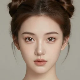 a beautiful face of a young pale woman with brown eyes, small lips pointy nose, cheeks, and brown hair in two buns