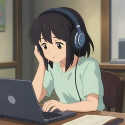 anime visual of a japanese anime traditional lo - fi sad girl in her room wearing headphones and working on her laptop loop, cat, hipster tones, cinematic gaze, cute face by ilya kuvshinov, makoto shinkai, kyoani, masakazu katsura, dynamic pose, crisp and sharp, yoshinari yoh, rounded eyes, anime poster, cel shaded