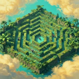 post - minimalism portrait of a jungle ruin labyrinth bird's eye view, golden clouds, grey goblins running in labyrinth, vibrant turquoise color scheme, highly detailed, in the style of romanticism, cinematic, artstation, moebius, greg rutkowski