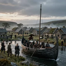 vikings dismounting off their longship to invade a moderate sized village, dusk, cinematic, concept art, slight fog, high detail, wide shot, dynamic lighting, sharp focus, high resolution