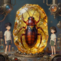 surreal gouache painting, by yoshitaka amano, by ruan jia, by Conrad roset, by good smile company, detailed anime 3d render of big transparent amber stone with a monster cockroach inside,  portrait, cgsociety, artstation, rococo mechanical and Digital  and electronic, dieselpunk atmosphere