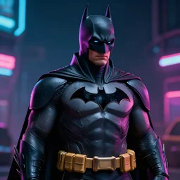 a character study of a futuristic neon cyberpunk version of batman, 3 5 mm photography, detailed, realistic, hyperrealistic, 4 k, realistic photography, ultra realistic, highly detailed, cinematic, dslr, photography 8 k resolution, high quality 3 d render, 3 d render, atmospheric