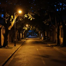 a dark alley illuminated by a few lamp posts, shadows of the tree leaves cast on the pavement, atmospheric, warm summer nights