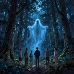 matte painting will o the wisp clearing in forest at night. forest is lit by eerie blue glow. ghost. digital painting. digital render. beeple. noah bradley. cyril roland. dan mumford. naomi okubo. trending on artstation.