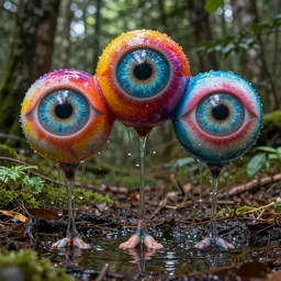 gods in forest, three eyed, wide shot, feet in water, vivid colors, foreheads with eyes, ground very detailed, wet eyes reflecting into eyes reflecting into infinity, natural lighting