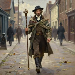 oil painting of a man walking down a Victorian street, wearing cursed wrappings, with a mage staff, by H P Lovecraft