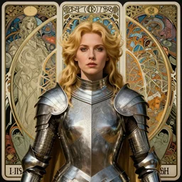 masterpiece head-on symmetrical centered portrait, Elisha Cuthbert as a paladin, fully armoured, blonde hair, masterpiece fractal art nouveau tarot card background, art nouveau style, gothic style, victorian style, elegant, distant, in the style of Edgar Maxence and Ross Tran and Zdzisław Beksiński and Michael Whelan and Gustave Doré and H.R. Giger, specular highlights, 8k, octane render