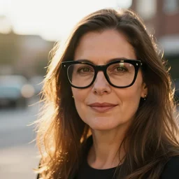 beautiful woman with big black eyeglasses, 35mm, f/1.4, Golden Hour light, photo shot my Martha Cooper,