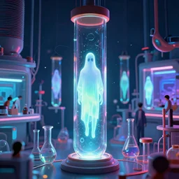 ghost in glowing glass tube in meticulous ethereal laboratory, synthwave, bright neon colors, highly detailed, cinematic, robert morello, vladimir kush, phillipe druillet, chris foss, michael whelan, bruce pennington, alfred kelsner, kubrick, wojtek suidmak