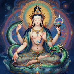 sublimely mystically attractive tibetan female barely clothed avaloketeshvara goddess dragon born assassins of the mystic unity, future jewelry, little clothing, alien glyph tattoo, psychedelic fractal background, illustrative character design, concept art, tales of earthsea, sky witch, colorful, matte painting, soft
