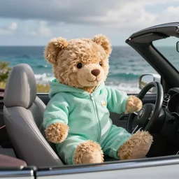 “teddy bear in a mint green onesie driving a convertible next to the ocean”