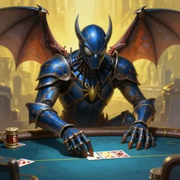 Thespider plays poker with a bat, highly detailed, digital painting, artstation, concept art, smooth, detailed rusty armor, sharp focus, dystopian, cinematic, videogame cover art, illustration, fantasy, blue and yellow color theme, art by Artgerm and Greg Rutkowski and Alphonse Mucha