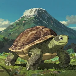 A giant turtle with a mountain on its shell by studio ghibli,peaceful atmosphere, serene lighting ,digital art , highly detailed , high contrast, beautiful lighting, award winning , trending on art station, photorealistic, 8k