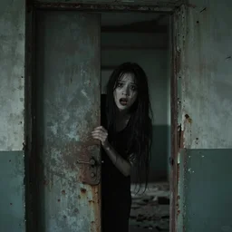 screengrab of a scary ghost woman with long black hair peeking through a door, highly detailed environment, sharp focus, abandoned building, found footage, low quality camera, dark colors, industrial setting, rusty, lost footage, disturbing, horror, fear