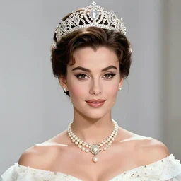 a photo of young sophia loren, posing as a queen, wearing tiara and pearl neclace, intricate gown, presenting a pizza margherita, beautiful, stunning, smooth lighting, exquisit detail, masterpiece, burlesque photo by letizia battaglia